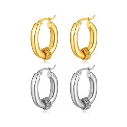 2 Pairs Gold/Silver Hoop Earrings For Women Set Trendy,14K Plated Gold Chunky Huggie Hoop Earings Pack,Oval Twisted Statement Silver Hoops,Fashion Jewelry Gift - color: 13) oval chunky hoop