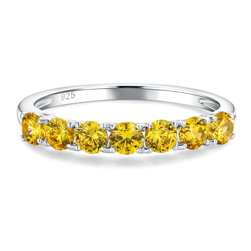 Birthstone Wedding Band Eternity Rings 925 Sterling Silver Rings Stackable Anniversary Engagement Rings Cubic Zirconia Inlaid Created Garnet/Amethyst/Sapphire Ring 7 Stone Ring, Size 6 to 10 - color: Citrine
