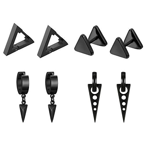 Aroncent 2-8Pcs Womens Mens Huggie Hoop Triangle Earrings Viking Runes Stainless Steel Ear Stud Novelty Black/Gold/Silver - color: C-Black