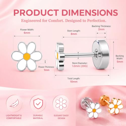 Hypoallergenic Daisy Studs Earrings for Women,18K Gold Plated Surgical Stainless Steel Flat Back Flower Earrings for Sensitive Ears,20G Post Screw Back Cartilage Helix Piercing Jewelry - color: Silver