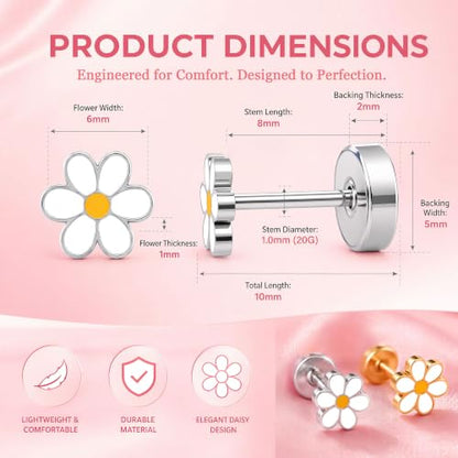 Hypoallergenic Daisy Studs Earrings for Women,18K Gold Plated Surgical Stainless Steel Flat Back Flower Earrings for Sensitive Ears,20G Post Screw Back Cartilage Helix Piercing Jewelry - color: Silver
