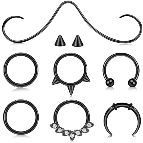 ONESING 20-30 Pcs Septum Rings 16G Septum Jewelry - Surgical Steel Piercings Horseshoe Helix Daith Smiley Tragus Lip Rings Nose Hoop Hinged Seamless Piercing Jewelry for Women Men - color: Black-16G-10mm