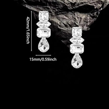 Dainty Sparkly Crystal Square Teardrop Circle Dangle Drop Earrings Long Chic Glitter Rhinestones Geometry Stud Earrings For Women - style: Silver White