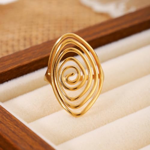 Stainless Steel Ring for Women Silver Gold Tone Minimalist Spiral Swirl Vortex Design Adjustable Open Band Fashion Jewelry - color: Gold