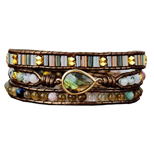 Handmade Boho Wrap Bracelets Natural Turquoise Crystal Stone Variety Beaded Strand Bracelet - color: Labradorite