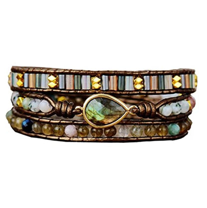 Handmade Boho Wrap Bracelets Natural Turquoise Crystal Stone Variety Beaded Strand Bracelet - color: Labradorite