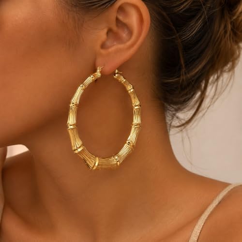 Big Chunky Gold Hoop Earrings for Women Beaded Large Statement Earrings Lightweight Fashion Jewelry Daily Wear Party Gift - color: C1:GOLD