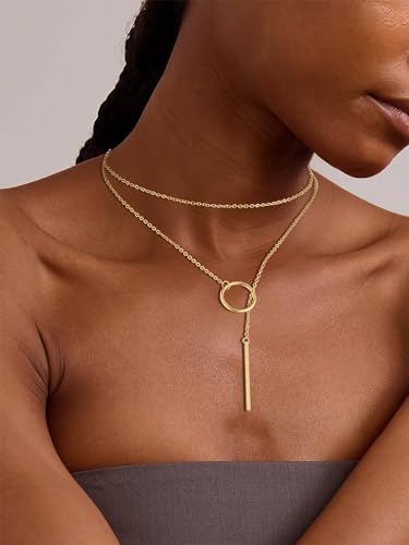 FOCALOOK Long Necklaces for Women, 14K Gold Plated Lariat Drop Bar Pendant | Hypoallergenic, 28"-30" Long Y-Shaped Chain, Layered Look, Minimalist Trendy Jewelry, Pairs Perfectly with V-Necklines - color: 01:Gold