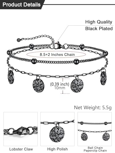 U7 Silver/Gold/Black Ankle Bracelets for Women Layered Chain Anklets | Stainless Steel Anklets Waterproof Summer Beach Anklet Charm, Adjustable 8.5"-10.5",Layered Anklet Fashion - color: Black - Ball Chain+Paperclip Chain
