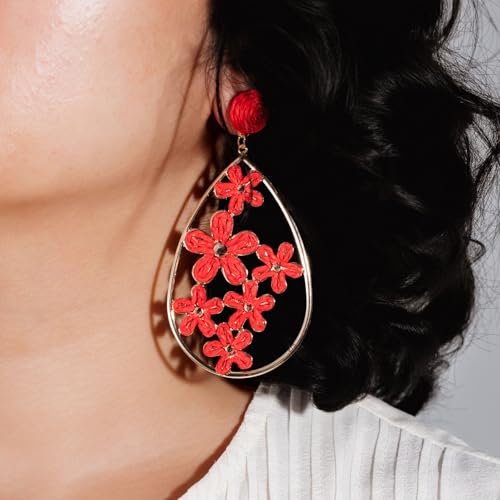 Boho Raffia Flower Teardrop Earrings Cute Colorful Dangle Trendy Jewelry | Floral Drop Statement Big Dangling Earring Hypoallergenic Gold Fun Unique Summer Spring Beach Vacation Outfits for Women - color: Red