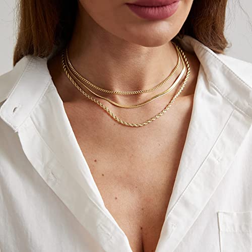 Herringbone Choker Necklace Set Double Layer Snake Chain Herringbone Chain Necklace Layering Necklace Set Cuban Chain Necklace for Women - style: 3 layered Snake/Cuba/Rope -GD