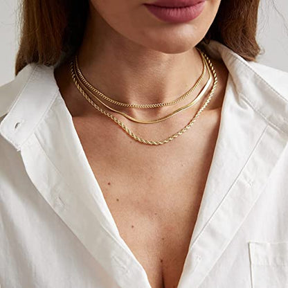 Herringbone Choker Necklace Set Double Layer Snake Chain Herringbone Chain Necklace Layering Necklace Set Cuban Chain Necklace for Women - style: 3 layered Snake/Cuba/Rope -GD