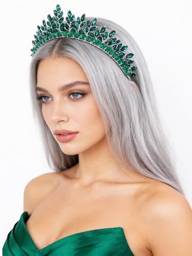 Bridal Rhinestone Headband Wedding Hair Accessories for Women, Pearl Crystal Headband Wedding Costume Headpieces for Brides Princess Quinceanera Christmas Party Prom Birthday(Green) - color: Green