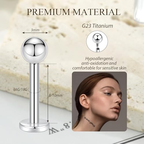 GAGABODY G23 Titanium 16G 6/8/10mm Clear CZ/Opal Internally Threaded Labret Monroe Lip Studs 6mm Helix Cartilage Tragus Earring Piercing - color: Set8:16G-2Pcs - Length:8mm Ball:3mm-Silver