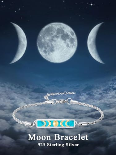 Waves/Tree of Life/Mushrooms/Moon Phase/Butterfly/Hummingbird Bracelet/Anklet 925 Sterling Silver Adjustable Abalone Shell Bar Bracelet/Anklet Summer Jewelry Gifts for Women - color: Moon Phase-Turquoise, size: Bracele 7"+2"