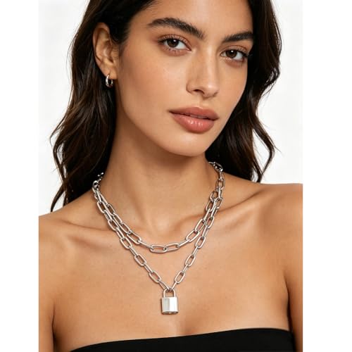 Layered Chunky Gold Silver Necklace Big Cuban Chain Statement Necklace Stacked Punk Chain Choker Necklaces for Women Trendy Jewelry Birthday Gifts - color: 01 Layered Padlock Silver
