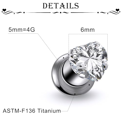 Astm F136 Titanium Heart CZ Ear Gauges Screw Fit Flesh Tunnels Plugs Gauges Earring Expander Stretcher Ear Tunnels For Ears 10G 8G 6G 4G 2G 0G 00G Plug Earrings Piercing Jewelry For Women Men - color: 4G Gauges