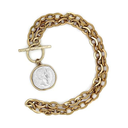 MISS SECRET Chunky Gold Necklaces for Women Coin Statement Necklace Antique Silver and Gold Chain Thick Toggle Pendant Trendy Fashion Jewelry - style: Worn Gold & Sliver-M