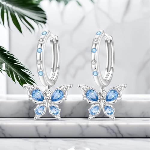 925 Sterling Silver Hoop Earrings Drop Dangle Earrings for Women Hypoallergenic Earring Trendy Huggie Earring Cute Graduation Birthday Gifts Jewelry for Women - color: Butterfly earrings blue gemstones