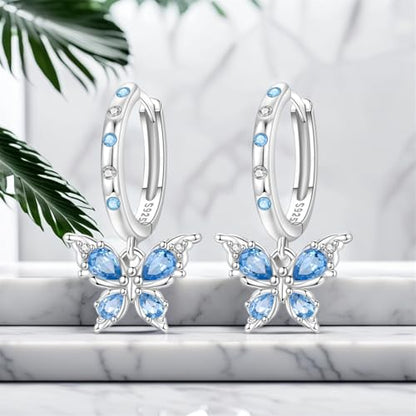 925 Sterling Silver Hoop Earrings Drop Dangle Earrings for Women Hypoallergenic Earring Trendy Huggie Earring Cute Graduation Birthday Gifts Jewelry for Women - color: Butterfly earrings blue gemstones