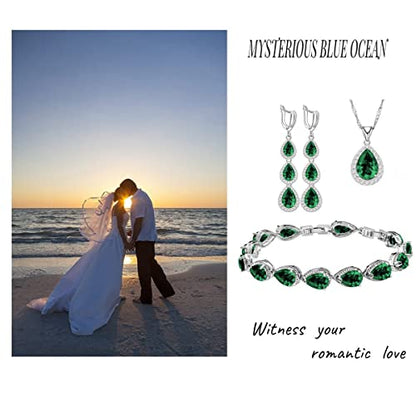 LMXXVJ Necklace Long Earrings Bracelet Set, White Gold Plated Created Blue Sapphire Jewelry Set Wedding Party Gift Jewelry for Women Bridal Bridesmaid - color: White Gold-Green Ring