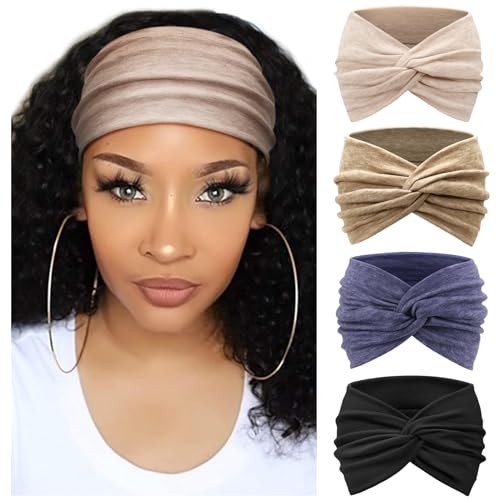 DRESHOW 4 Pack Turban Headbands for Women Wide Vintage Head Wraps Knotted Cute Hair Band Accessories - color: 4 Pcs: Beige, Earthy Brown, Navy Blue, Black