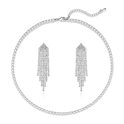 Luxval Tennis Necklace 14K Gold Plated Rhinestone Butterfly Choker Necklaces for women Dainty Zirconia Cut Faux Diamond chain 3mm - color: Tennis Necklace+Rhinestone Earrings-2pcs