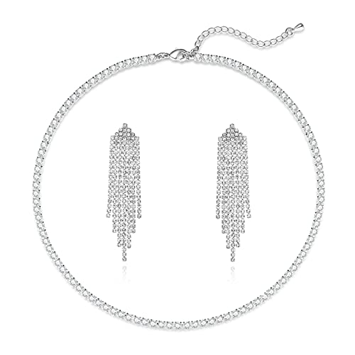 Luxval Tennis Necklace 14K Gold Plated Rhinestone Butterfly Choker Necklaces for women Dainty Zirconia Cut Faux Diamond chain 3mm - color: Tennis Necklace+Rhinestone Earrings-2pcs