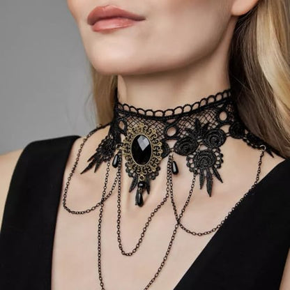 Qceasiy Gothic Black Necklace for Women, Adjustable Victorian Velvet Lace Collar, Halloween Party Cosplay Jewelry Gift - style: Black Gem Chain