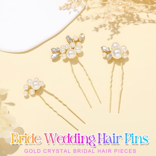 Heread Pearl Bride Wedding Hair Pins Crystal Bridal Headpiece Hair Accessories for Women and Girls （Pack of 3） (Gold) - color: Gold