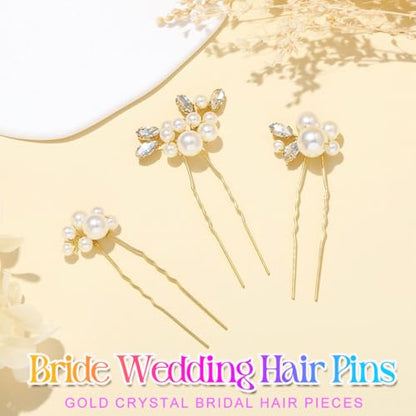 Heread Pearl Bride Wedding Hair Pins Crystal Bridal Headpiece Hair Accessories for Women and Girls （Pack of 3） (Gold) - color: Gold