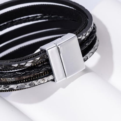 Boho Leather Wrap Bracelets Beaded Stackable Cuff Bracelet Country Concert Outfits Cowboy Cowgirl Western Jewelry Gifts for Women - color: 2layer-Black