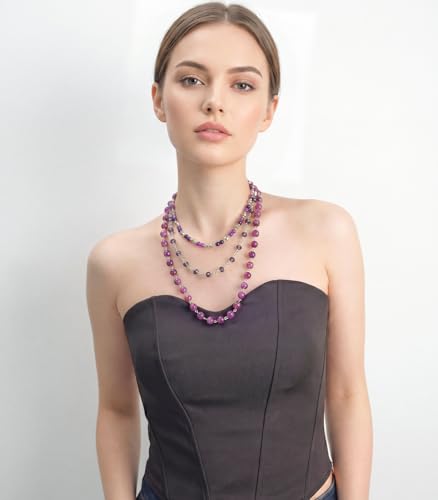 Noessla Layered Beaded Necklaces for Women - 3 Strand Boho Statement Choker Fashion Jewelry Gifts - color: Purple