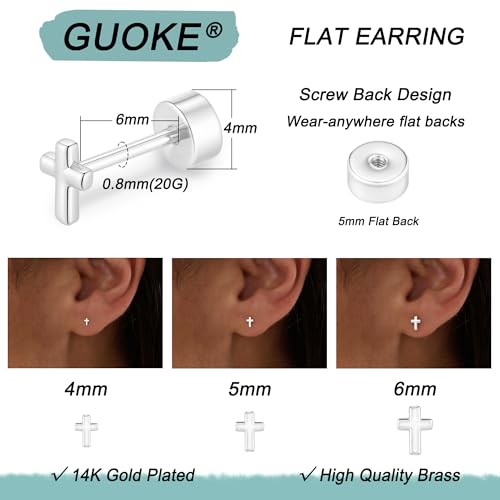 3 Pair Tiny Flat Back Earrings for Women - 14K Gold/White Gold Plated Dainty Cute Small Screw Flatback Stud Earring, Everyday Wear Gift - color: Cross-Flat 4/5/6mm Silver