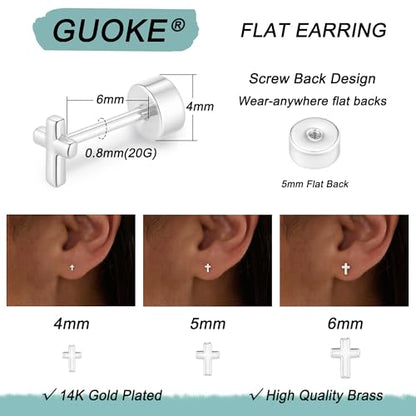 3 Pair Tiny Flat Back Earrings for Women - 14K Gold/White Gold Plated Dainty Cute Small Screw Flatback Stud Earring, Everyday Wear Gift - color: Cross-Flat 4/5/6mm Silver