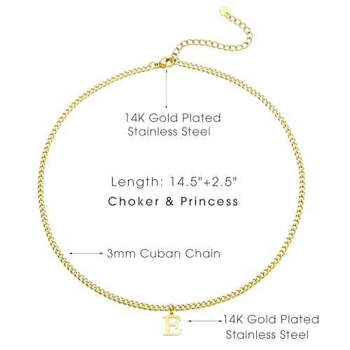 Gold Initial Necklace for Women, 3mm Cuban Link Letter Necklace, 14.5"+2.5" Adjustable Choker, Gold Plated A-Z Alphabet Pendant Necklace, Personalized Jewelry Gift for Her - style: E