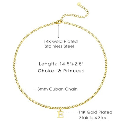 Gold Initial Necklace for Women, 3mm Cuban Link Letter Necklace, 14.5"+2.5" Adjustable Choker, Gold Plated A-Z Alphabet Pendant Necklace, Personalized Jewelry Gift for Her - style: E