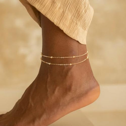 Dainty Simple Chain Anklet for Women 18k Gold/Silver Plated Summer Beach Beaded Evil Eye Moon Figaro Butterfly Satellite Cuban Pearl Flat Marina Anklet Gift - color: Layered Beaded Big -Gold