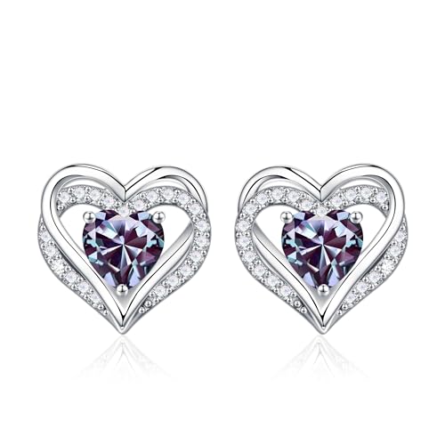 Iefil Birthstone Earrings for Women - 925 Sterling Silver Heart Stud Earrings Birthday Gifts for Women - color: 06-Jun-Created Alexandrite