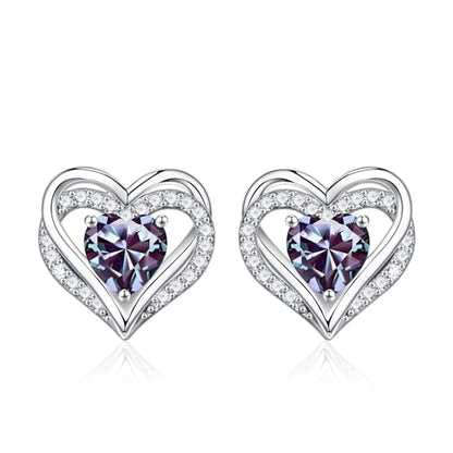 Iefil Birthstone Earrings for Women - 925 Sterling Silver Heart Stud Earrings Birthday Gifts for Women - color: 06-Jun-Created Alexandrite