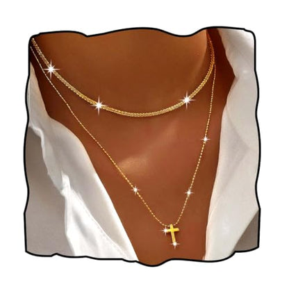 Layered Plated Silver Cross Necklace Sparkle Chain Dainty Jewelry for Women - color: C-Style