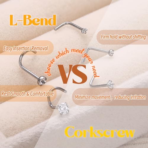 316 Stainless Steel 20G Nose Rings for Women L Shaped Nose Studs Cork Screw | 6/9/10Pcs Nostril Piercing Jewelry, 1.5/2/3mm, 5A CZ Stones , 14K Gold Plated/Silver/Black/Rose Gold Plated