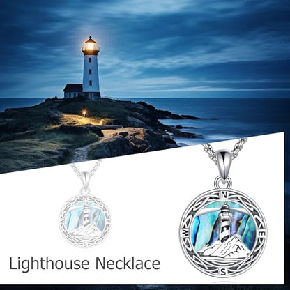 ONEFINITY Lighthouse Necklace for Women Sterling Silver Lighthouse Pendant Necklace Birthday Jewelry Gift for Women - color: Abalone shell Compass lighthouse