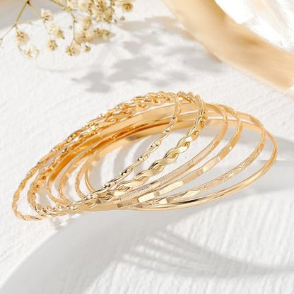 6 Pcs Gold Plated Bracelet Set for Women: Bangles, Cuffs & Dainty Chains | 14K Mixed Stackable Bracelets for Layered Look, Complete Jewelry Collection Gift - color: Color1