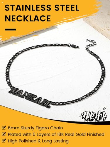 GoldChic JEWELRY Name Necklace Personalized for Men, Womens Custom Name Plate Chain, Stainless Steel Customized Old English Nameplate Choker with Curb Chains Custom, 16 inches to 30 inches - color: Figaro Chain 6 mm -Black