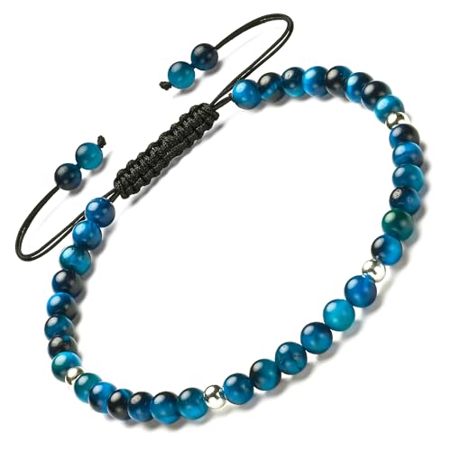 Natural Stone&925 Sterling Silver/18K Gold Anklet,│4MM│9-12 in│, Hand Woven, Adjustable Size - color: 925 Sterling Silver&Blue Tiger's,4MM