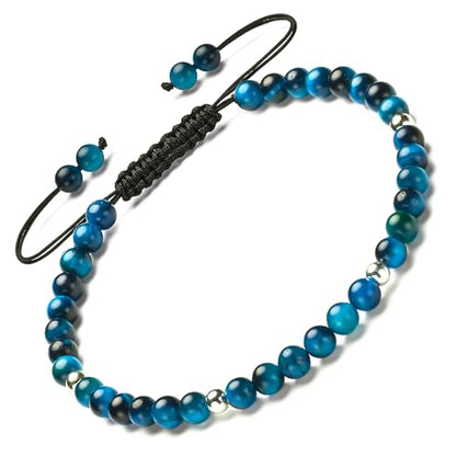 Natural Stone&925 Sterling Silver/18K Gold Anklet,│4MM│9-12 in│, Hand Woven, Adjustable Size - color: 925 Sterling Silver&Blue Tiger's,4MM