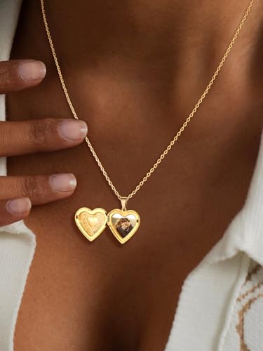 U7 Women Locket Necklace, Heart Photo Lockets Hold Picture, Gift Box Packed | Gold/Silver/Rose Locket Charm, Custom Picture and Engravement Heart Pendant, 20" Chain, Personalized Gift for Mom Wife Friend - color: 01# Gold Heart