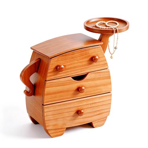 3 Drawer Wooden Jewelry Box, Compact Storage Organizer in Cherry | Solid Wood, 3 Drawers Top Tray,Cherry Tone, Arm Bracelet Hanger, Compact Jewelry Storage, Rustic Decor, Gift