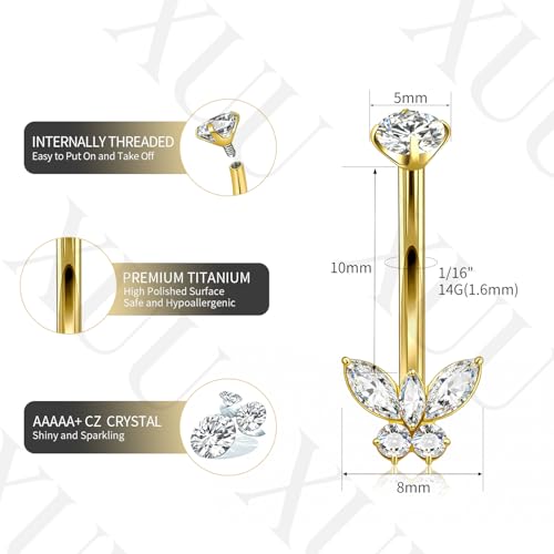 XUU Titanium Belly Button Rings 14G, Implant-Grade Navel Piercing, Luxury CZ Shape with Flower Butterfly, Hypoallergenic Curved Barbell Jewelry for Women, Gold or Silver - style: Butterfly-Gold